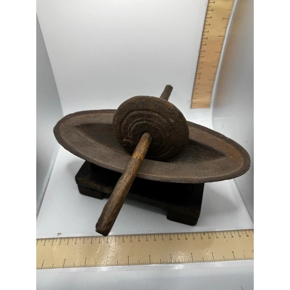 Antique Japanese cast iron and wooden Yagen for grinding medicinal herbs